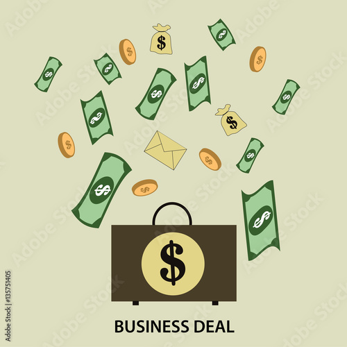 briefcase with dollar sign and dollars banknotes, business deal concept, vector, illustration