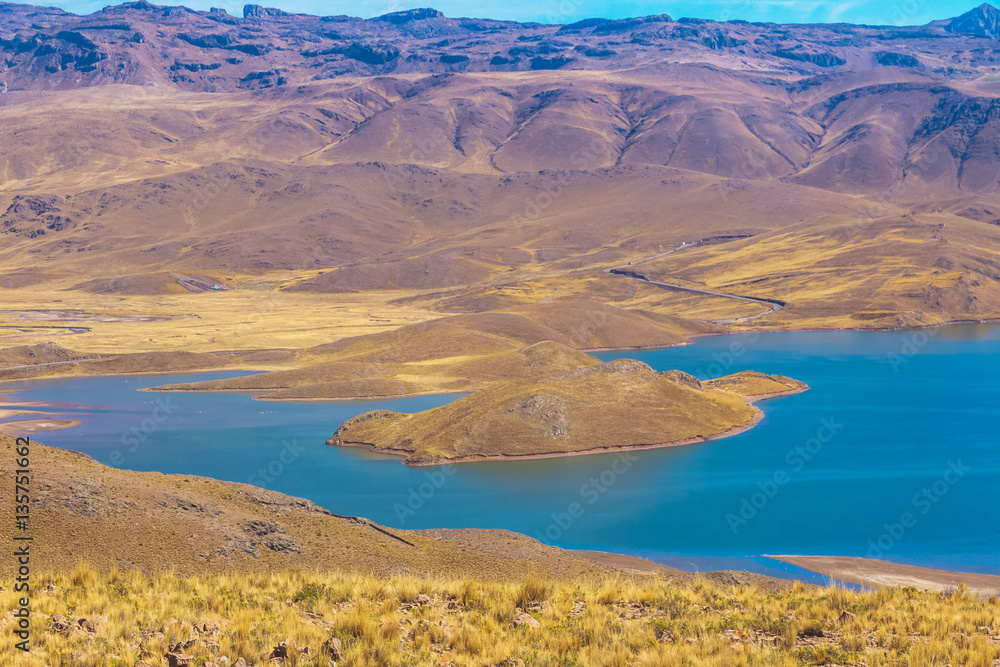 Peru, South America. Beautiful landscape with mountains and a lake.