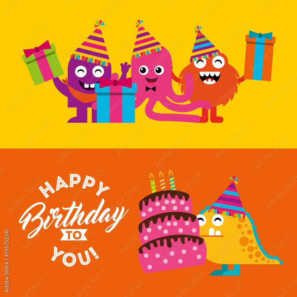 happy birthday celebration card with monster vector illustration design