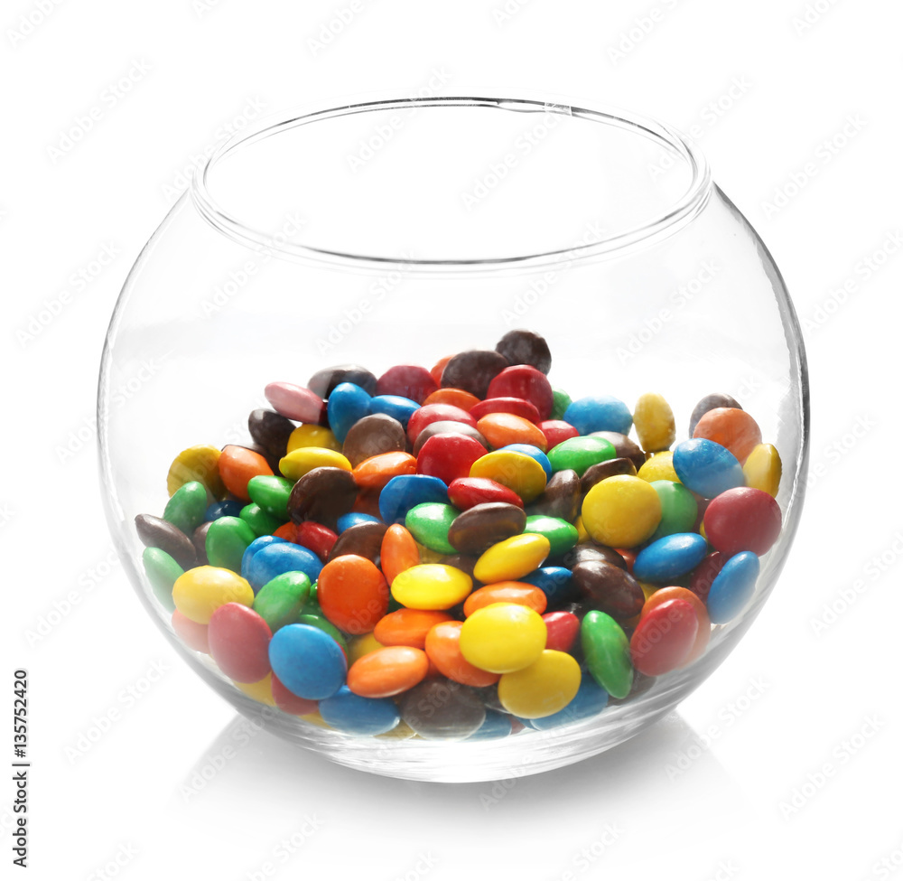 Colorful candies in glass vase on white background Colorful candies in glass vase on white background