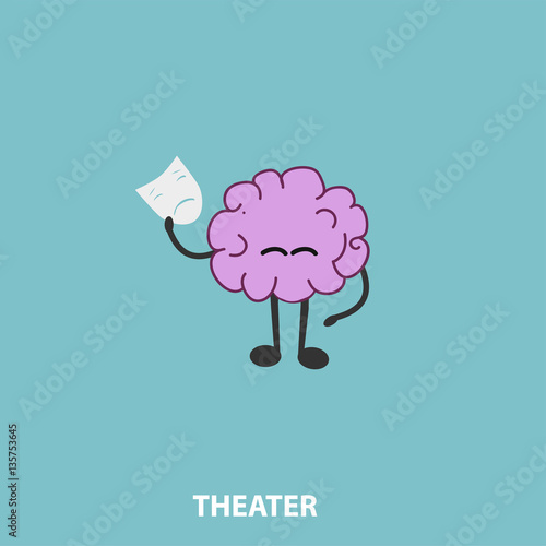 cartoon brain with theatrical mask in hand, concept theater, vector, illustration,