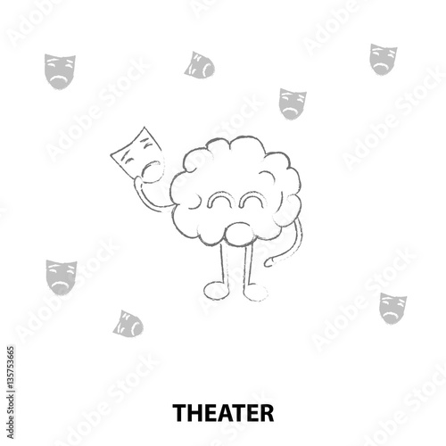 cartoon brain with theatrical mask in hand, concept theater, vector, illustration,