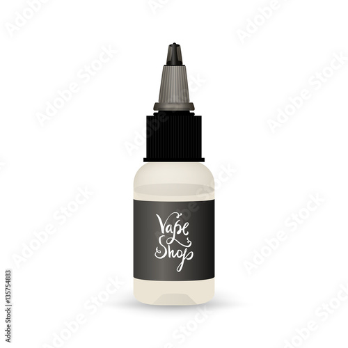White vape bottle with liquid or aroma. Electronic cigarette accessorize with label. 3d object mockup for vaporizer design