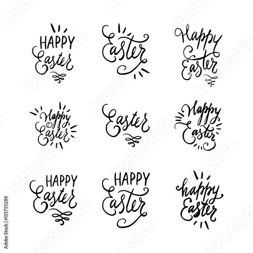 Hand written Easter phrases or quotes set. Greeting card text templates with Easter eggs, curls, swirls isolated on white background. Happy easter lettering modern calligraphy style.