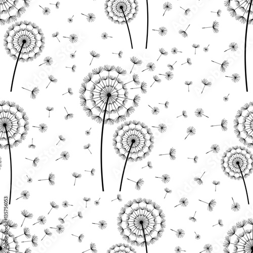 Seamless pattern with dandelions fluff