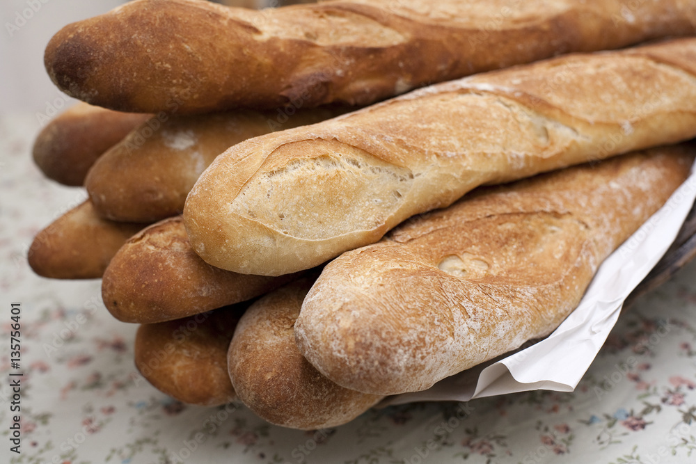 Freshly baked French sticks in a Bakery