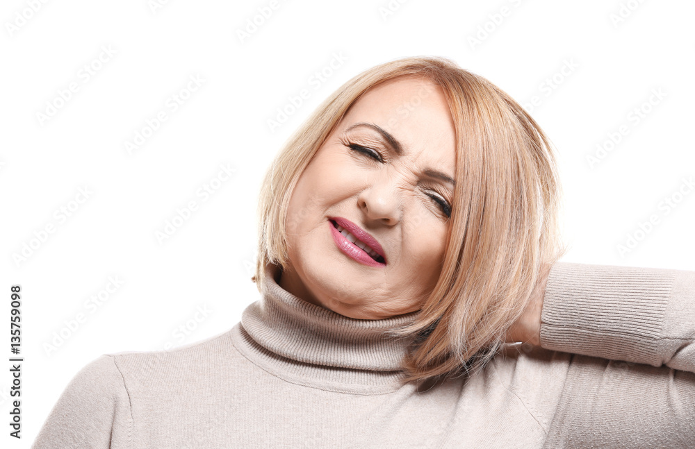 Senior woman suffering from neck pain, on white background Senior woman suffering from neck pain, on white background