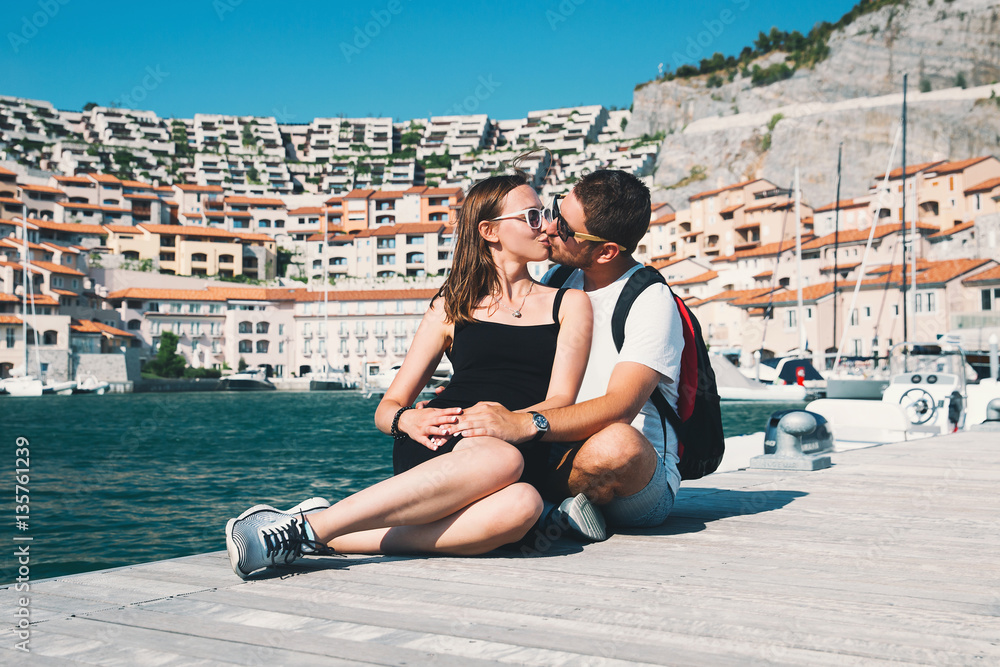 Travel Europe. Happy couple in Portopiccolo Sistiana, Italy.