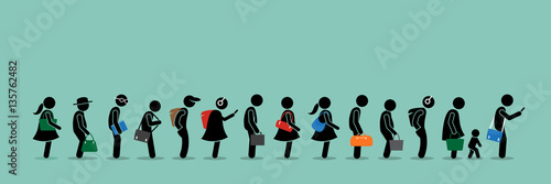 People queuing up in a long queue line. 
