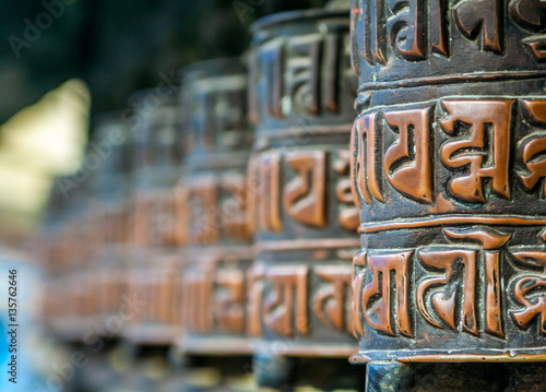 Prayer wheels in Swayambhunath temple, Kathmandu, Nepal.