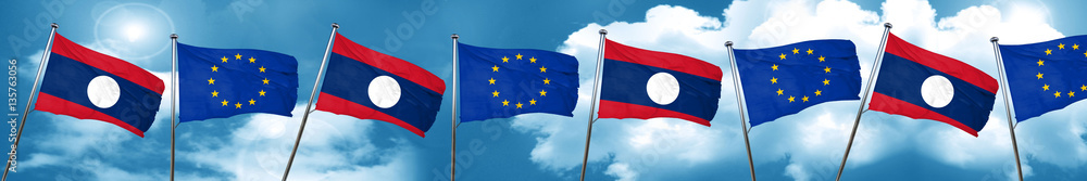 Laos flag with european union flag, 3D rendering Laos flag with european union flag, 3D rendering