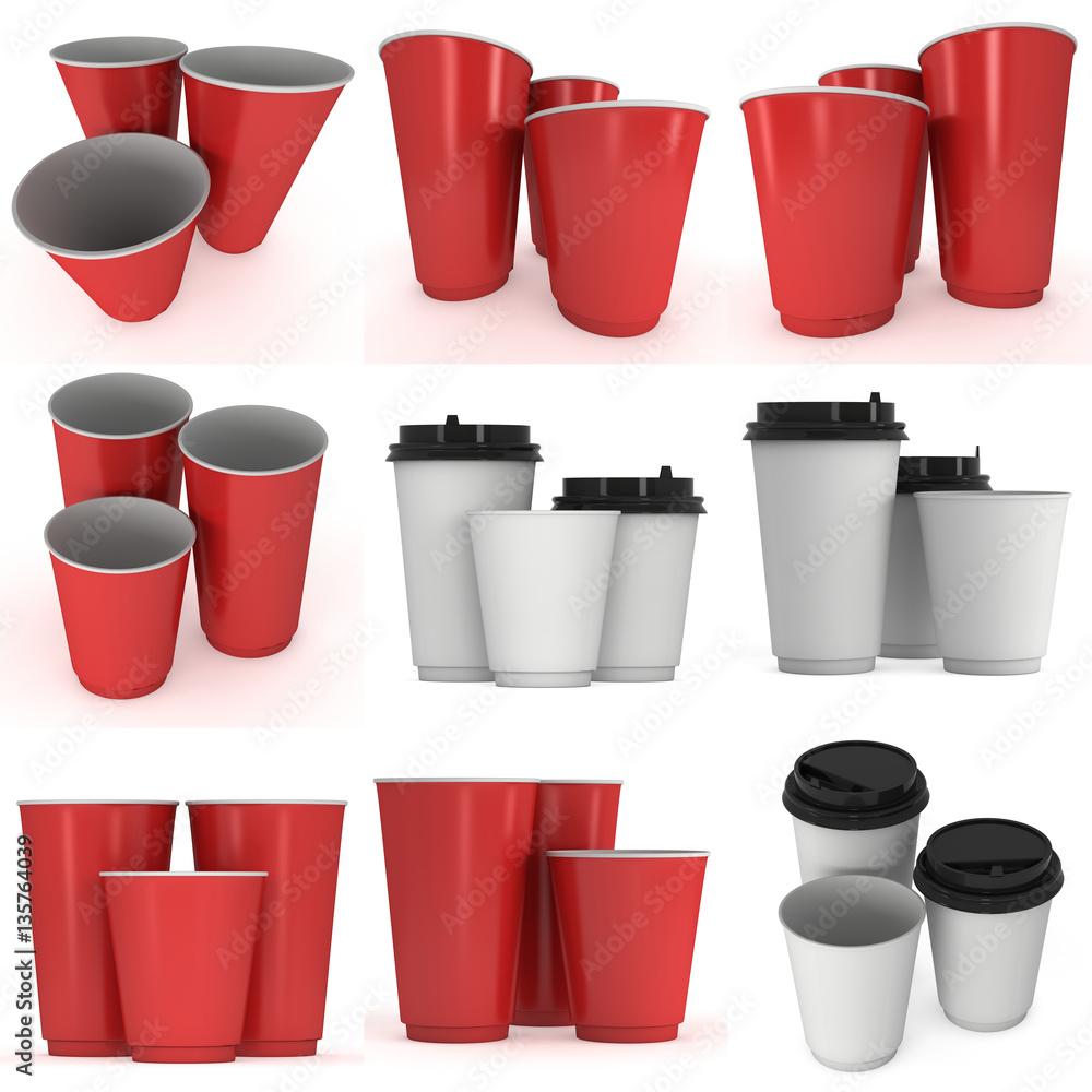 Disposable drink cups set. Red paper mug. 3d render isolated on white background Disposable drink cups set. Red paper mug. 3d render isolated on white background