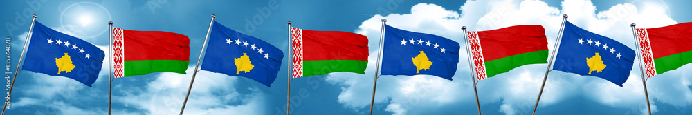 Kosovo flag with Belarus flag, 3D rendering Kosovo flag with Belarus flag, 3D rendering