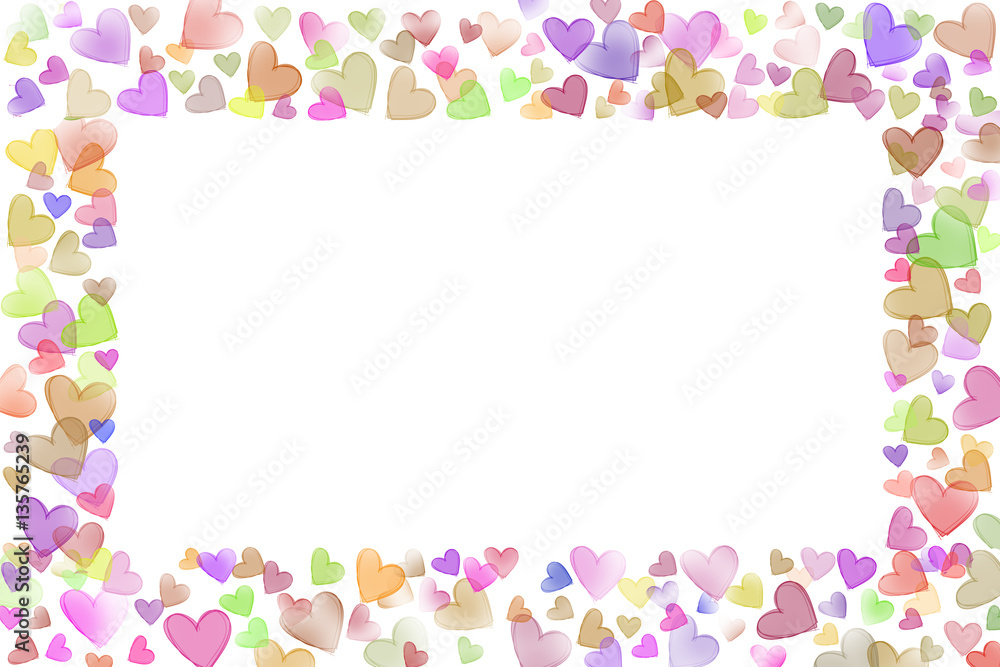 Colorful scattered sketch heart shaped various size line frame on upper buttom left right side valentine background