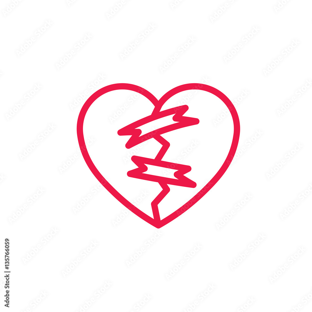 breaked heart thin line red icon on white background, happy vale breaked heart thin line red icon on white background, happy vale