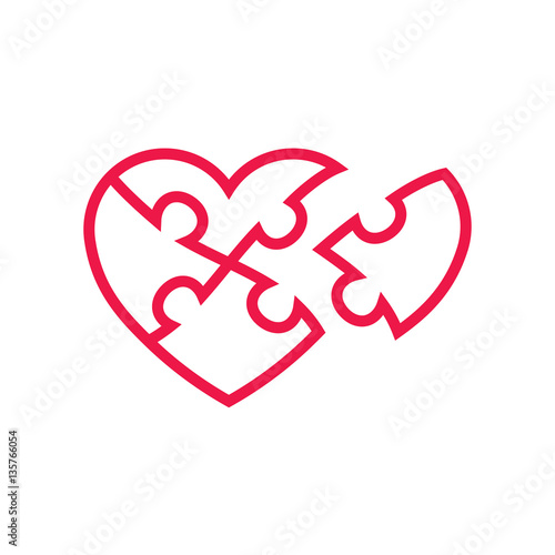 puzzle heart thin line red icon on white background, happy valen