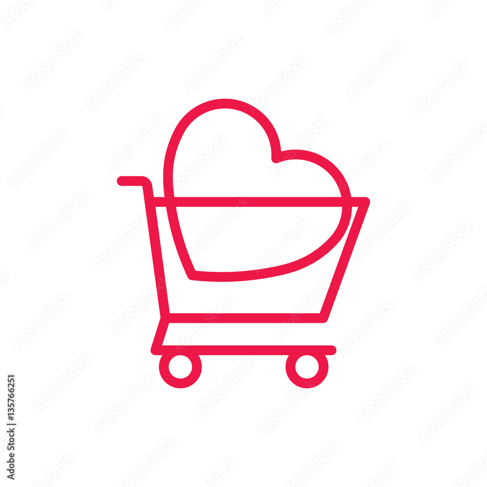 basket with heart thin line red icon on white background, happy basket with heart thin line red icon on white background, happy