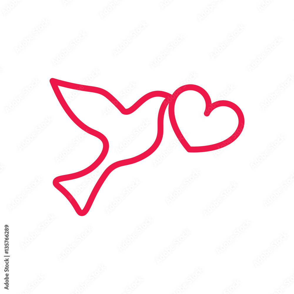fly dove thin line red icon on white background, happy valentine