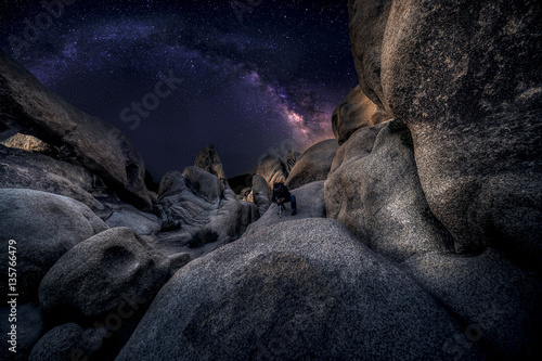 Photographer doing astro photography in a desert nightscape with milky way galaxy.  The background is stary celestial bodies in astronomy.  The heaven depicts science and the divine.