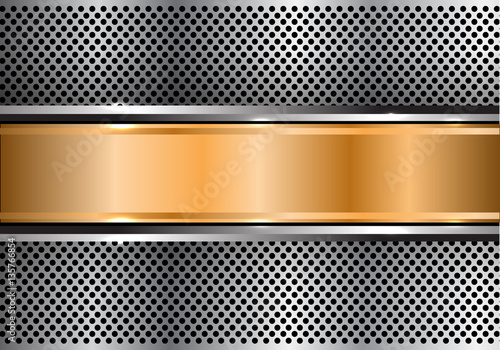 Abstract gold banner on silver circle mesh design modern luxury background vector illustration.