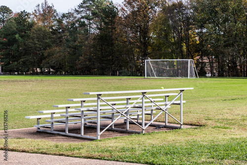 Soccer field with goal and stadium seating