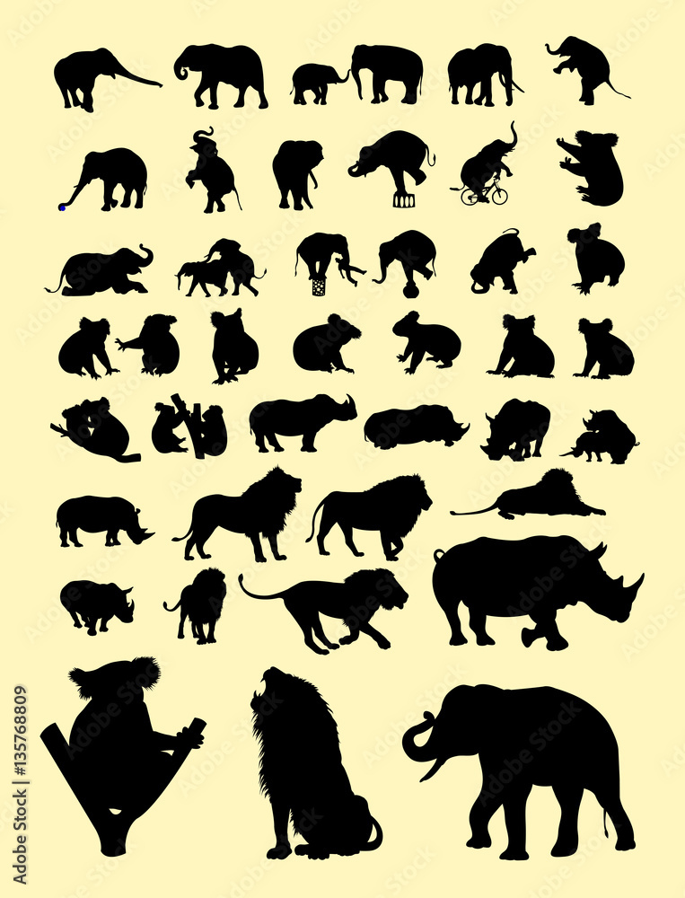 Koalas, lion, elephants, rhinoceros animal mammal silhouette. Good use for symbol, logo, web icon, mascot, sign, or any design you want.