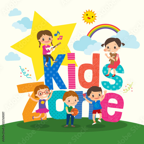 Group of young children with kids zone word cartoon illustration