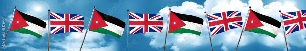 Jordan flag with Great Britain flag, 3D rendering Jordan flag with Great Britain flag, 3D rendering