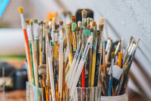 a lot Paint Brushes isolated in blur background, close-up