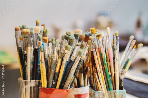 a lot Paint Brushes isolated in blur background, close-up