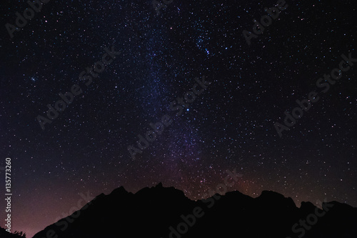 Silhouette mountain peak at night with sky full of stars and milky way