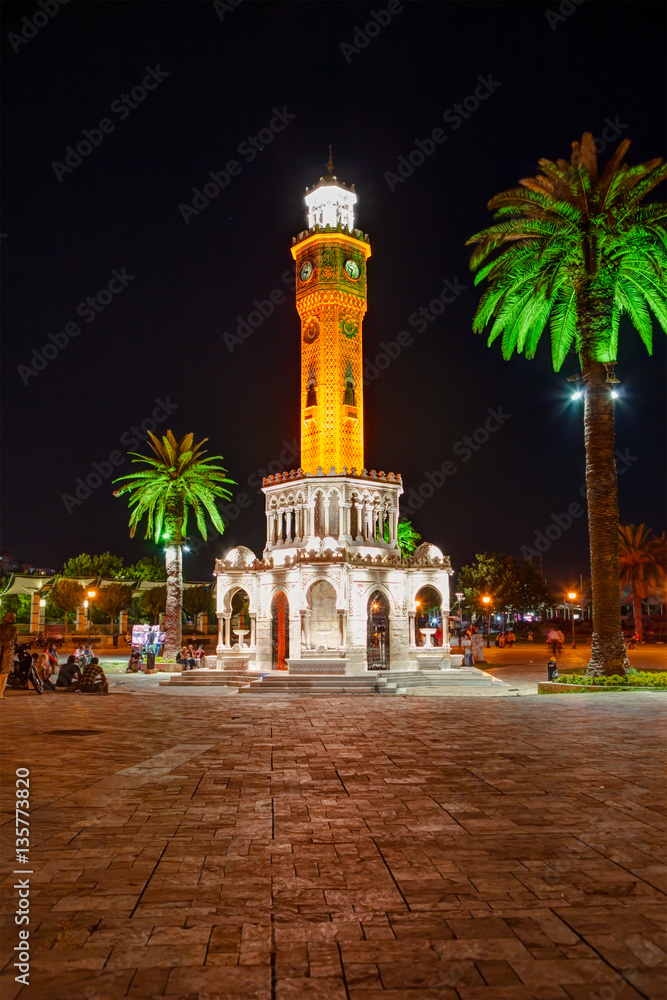 Empty Konak Square view with historical clock tower at night