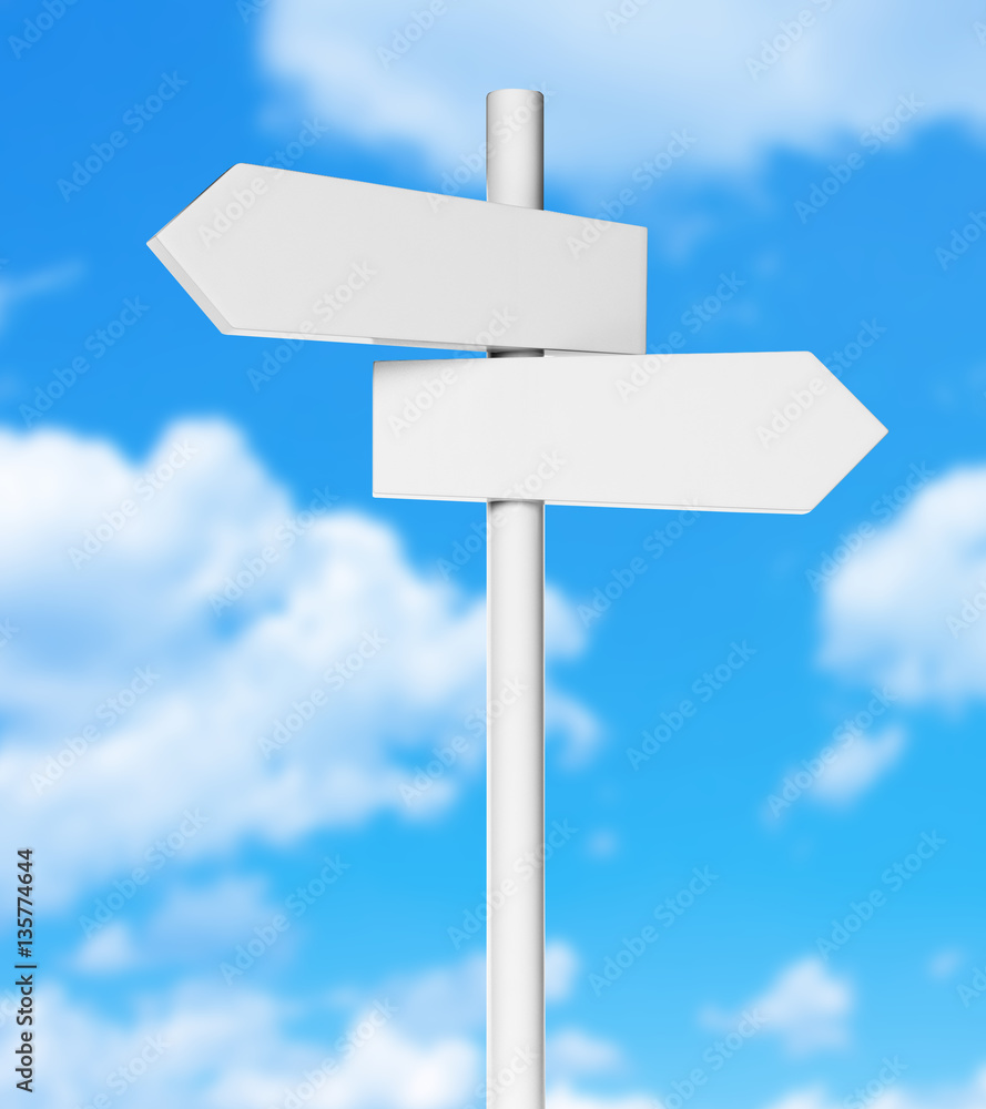 Blank White Direction Signpost Sign Arrow Board Isolated on Sky Background Blank White Direction Signpost Sign Arrow Board Isolated on Sky Background