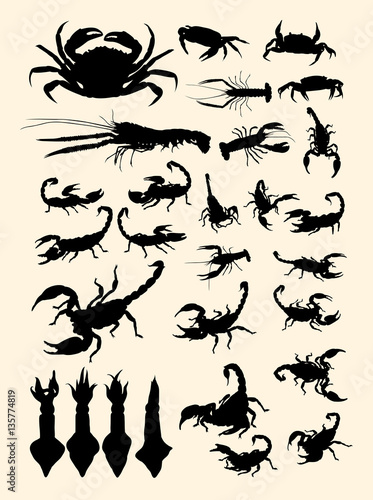 Crabs, lobster, scorpion, squid animal silhouette. Good use for symbol, logo, web icon, mascot, sign, or any design you want. © fennywiryani