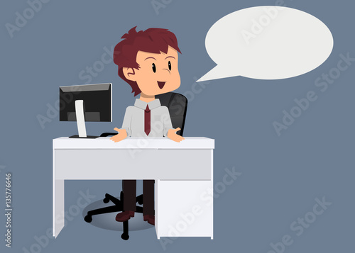 Empleado de oficina, ejecutivo en espacio de trabajo con dialógo en blanco