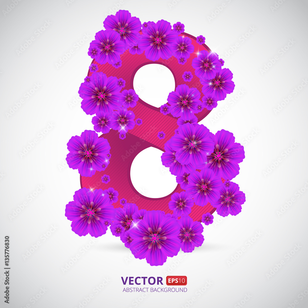 8 March. Vector illustration to The International women's day. Number eight made of flowers with ribbon. 