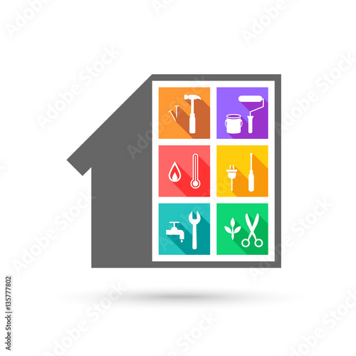 Building and different work tools in flat design as facility management concept