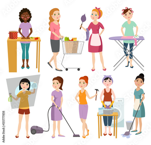 Set of housewifes homemaker woman vector illustration.