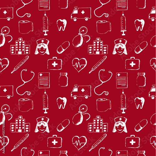 Red seamless pattern-medical items. This illustration is drawn with a pencil.