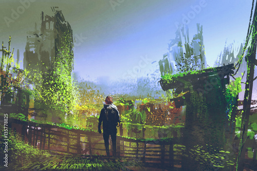 Photos man standing on old bridge in overgrown city,illustration painting