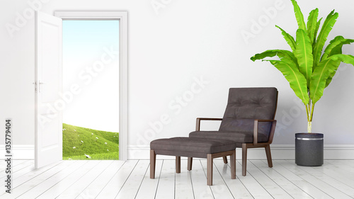 Modern bright interior with open door . 3D rendering