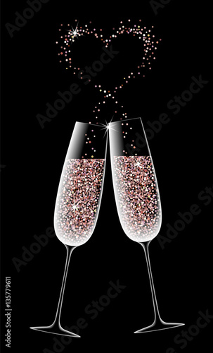 Two glasses of sparkling champagne on a black background. Valentine Day dating romantic heart rose pink glowing vector card