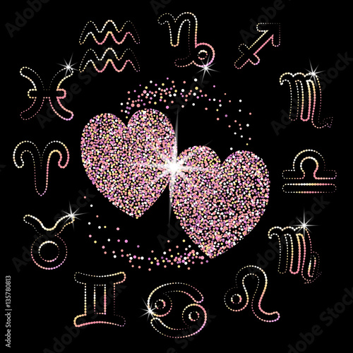 Love Horoscope for all zodiac signs. Romantic compatibility of partners. Valentine day card rose gold sparkling 