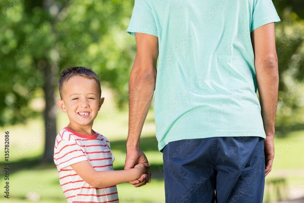 Son holding hands of his father in park