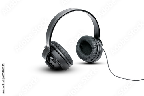 Black headphones on white background.