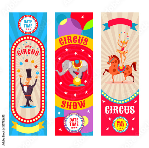 A set of circus posters, invitation to the circus. Vector illustration. Juggler, circus elephant, horse