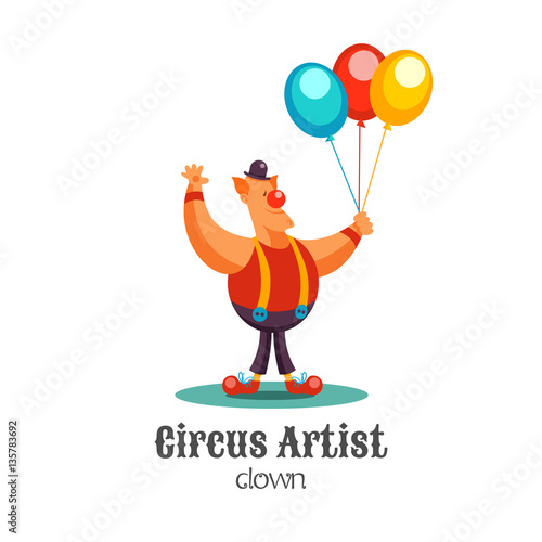 Funny circus clown with balloons. Vector illustration  isolated on white background.