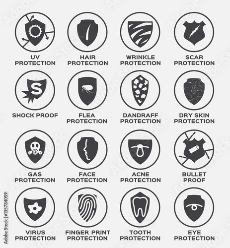 shield protection vector and icon . uv hair wrinkle scar shock proof flea dandruff dry skin gas face acne bullet virus finger print tooth eye