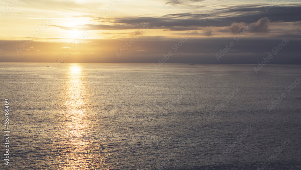 Clouds sky and sunlight sunset on horizon ocean. Silhouette person on background seascape dramatic atmosphere rays sunrise. Relax view waves water sea, mockup nature evening perspective sunrise
