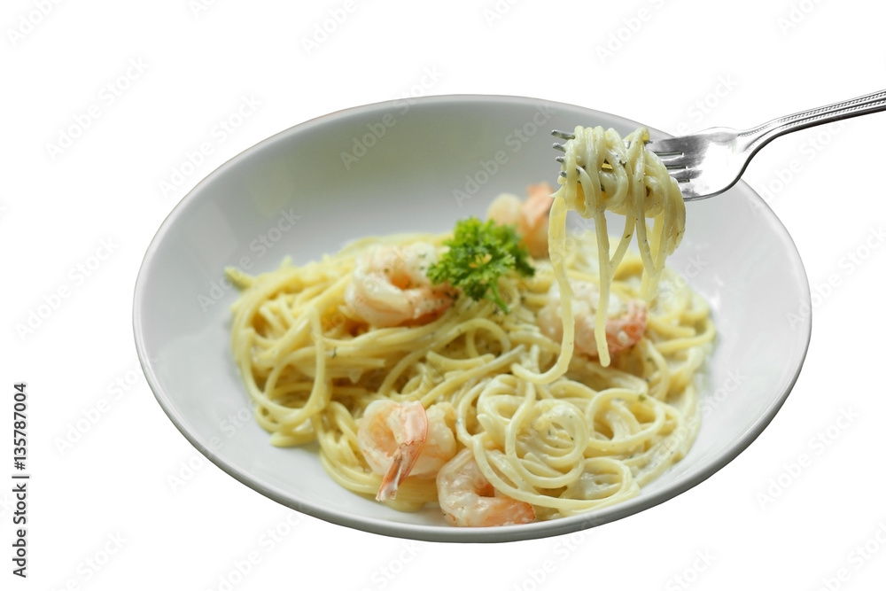 Spaghetti Carbonara or white cream sauce pasta with shrimp.